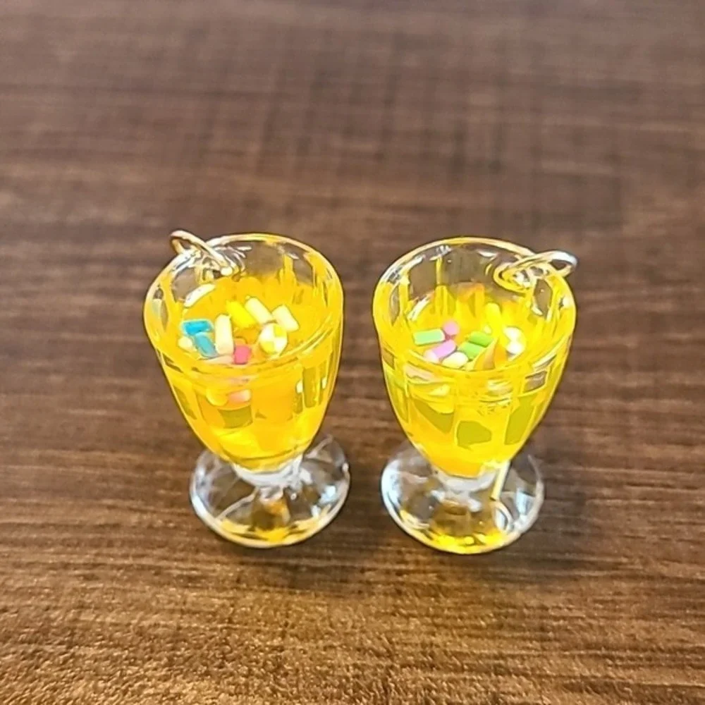 Handmade Yellow Lemonade Glass Drink Earrings Miniature Food Dangle Drops Summer